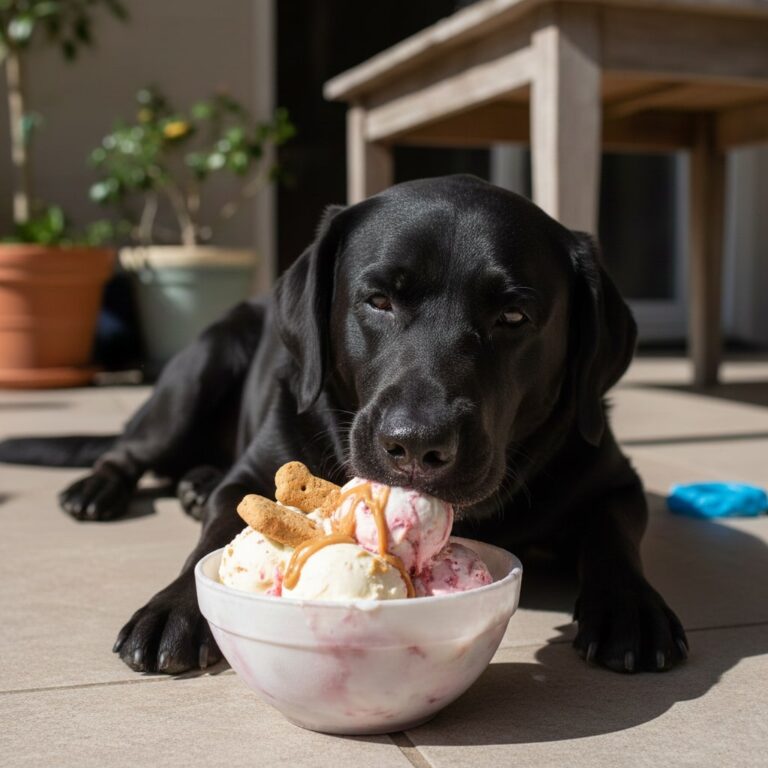 A dog eating ice cream