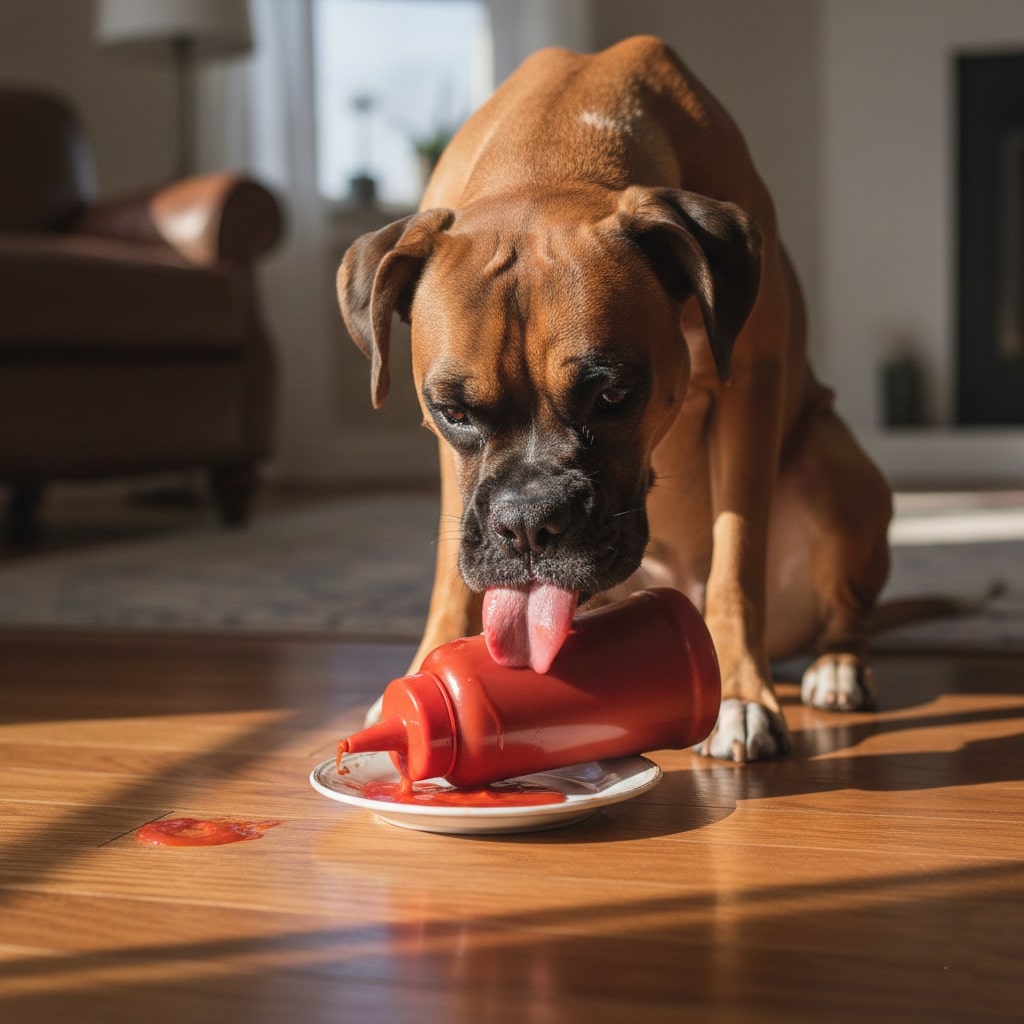 A Boxer dog sitting on a floor and eating Ketchup