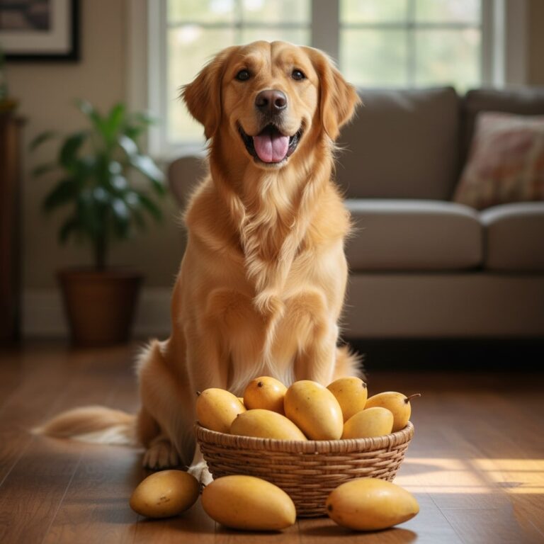 A dog siting on floor and a basket of mangos placed in front of him