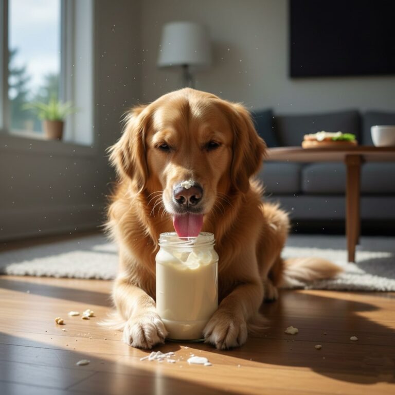 A dog sitting on a floor and eating Mayonnaise