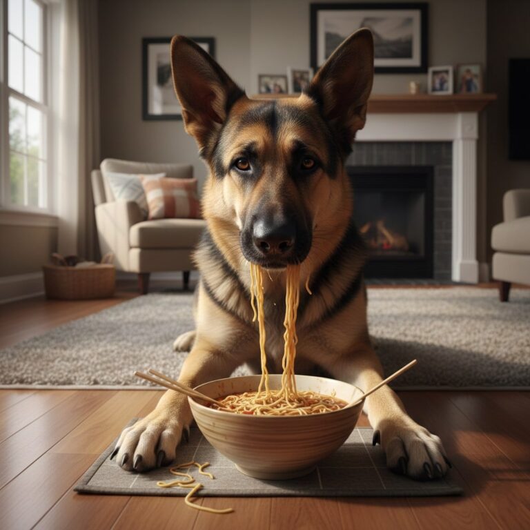 A German Shepard dog sitting on floor and eating noodles