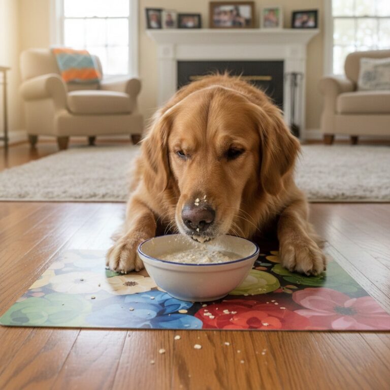 A dog sitting on floor and eating oatmeal