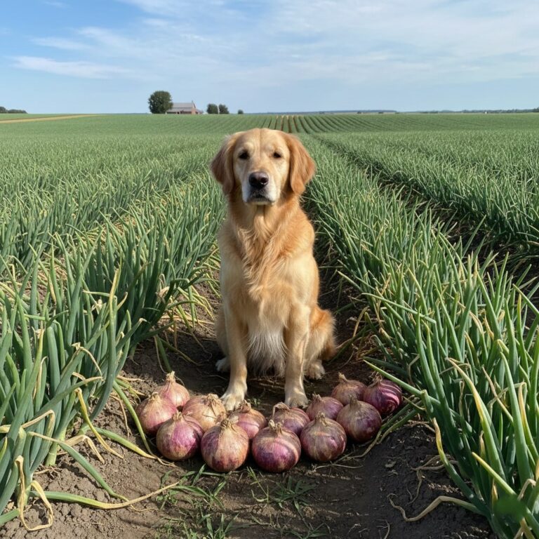 A dog is sitting in a onions field, with onions placed in front of him