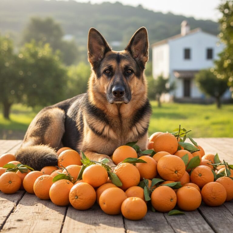A German Shepherd dog sitting on a pile of Oranges