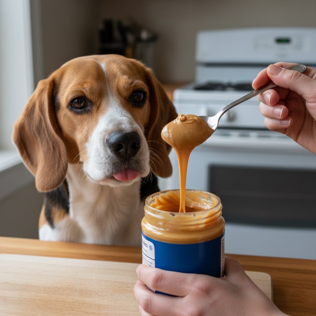 A tricolor Beagle dog sits in a kitchen, gazing longingly at a spoonful of creamy peanut butter being lifted from a blue jar