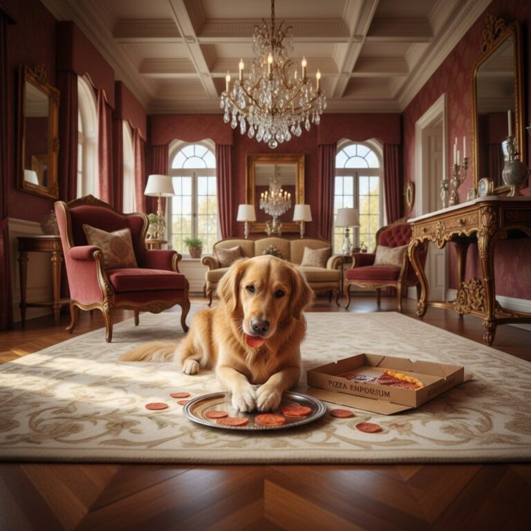 A dog sitting on luxury floor and eating Pepperoni