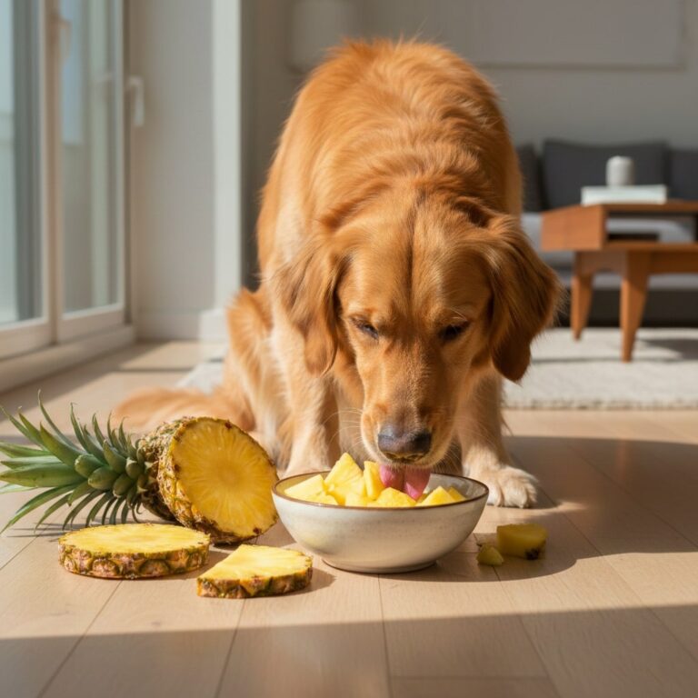 A dog sitting on floor and eating a bowl of Pineapple