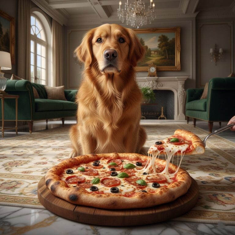 A dog sitting on luxury floor and pizza placed in front of him