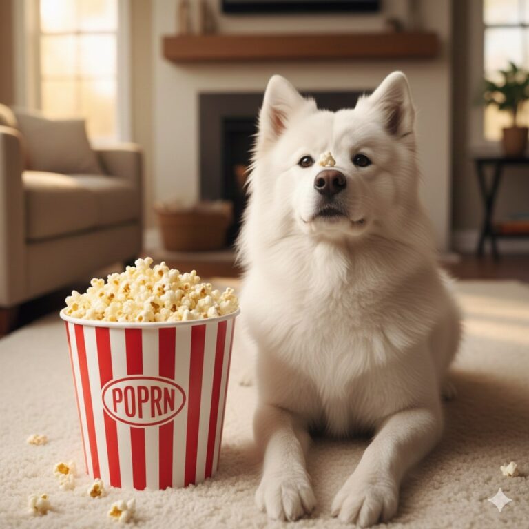A dog sitting beside the Popcorn basket