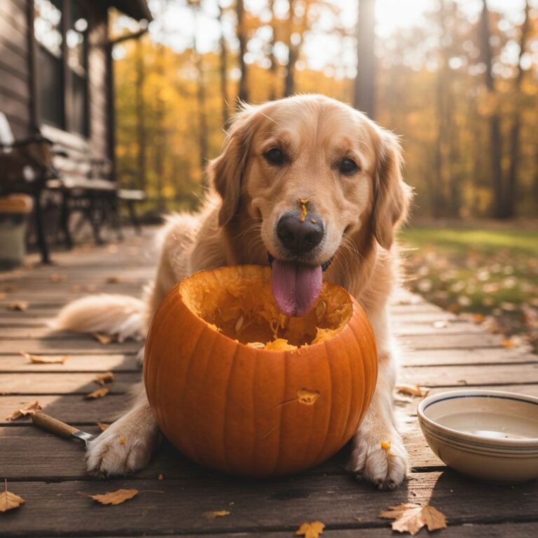 A Golden Retriever sitting on a wooden porch with its tongue out behind a hollowed-out pumpkin