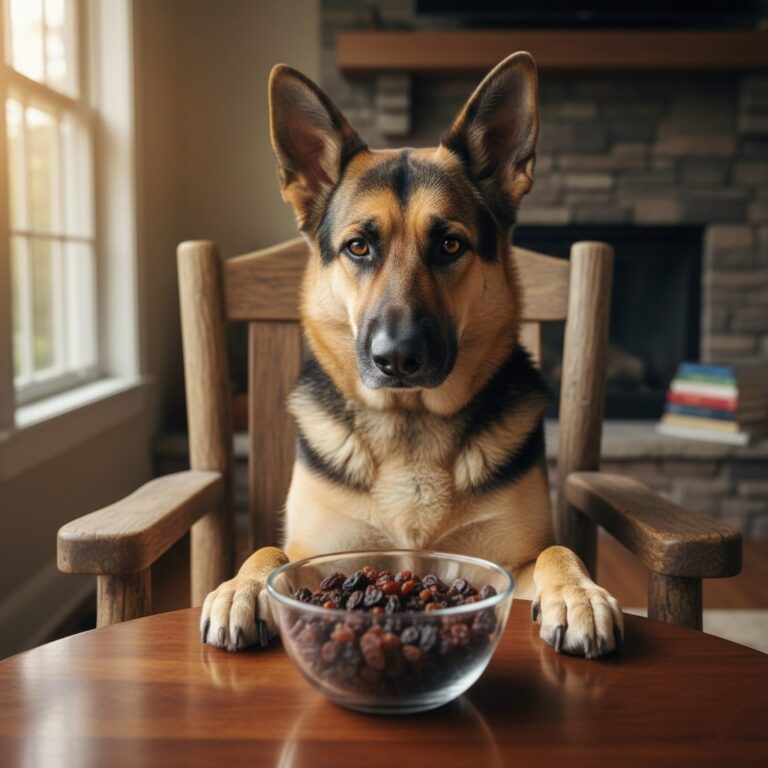 A dog is sitting on a chair, and a bowl of raisins are placed in front of him