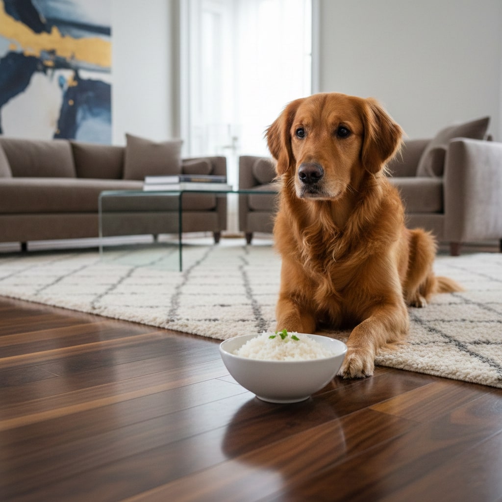 A dog sitting on luxury floor and a white ceramic bowl of rice placed in front of him.