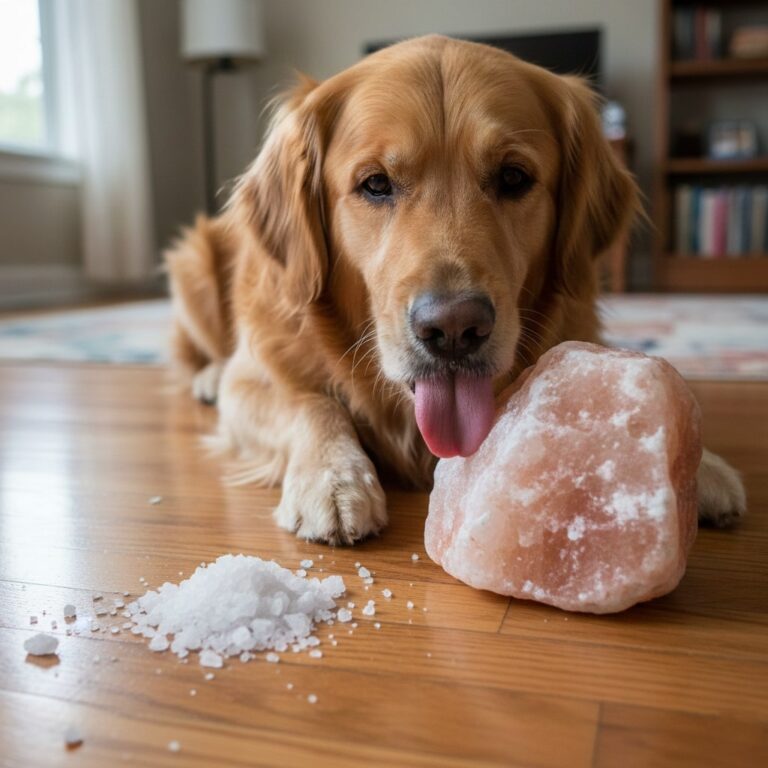 A Golden Retriever sitting on a wooden floor and licking a large pink salt rock next to a pile of crushed white salt