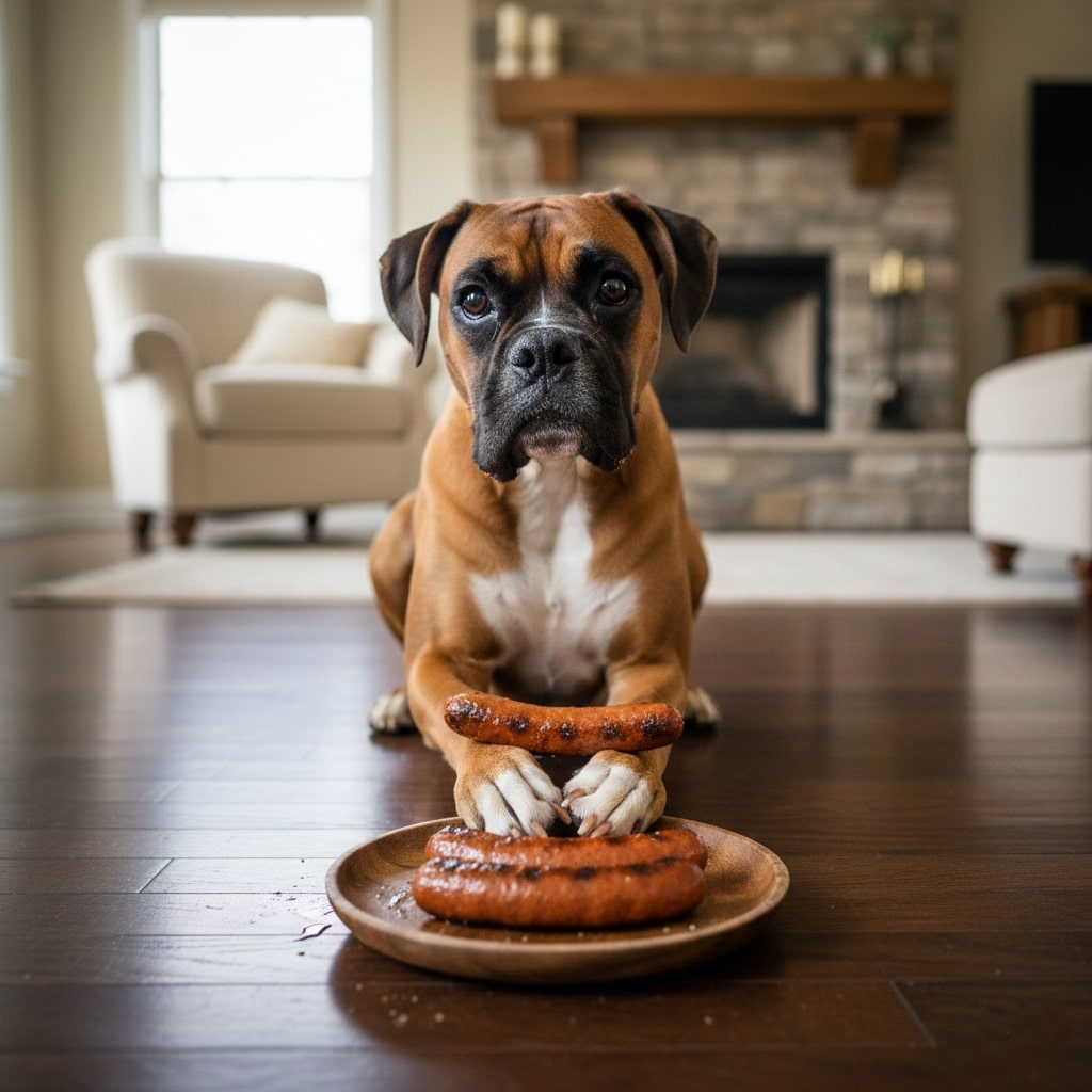 A dog sitting on a floor and eating Sausage.