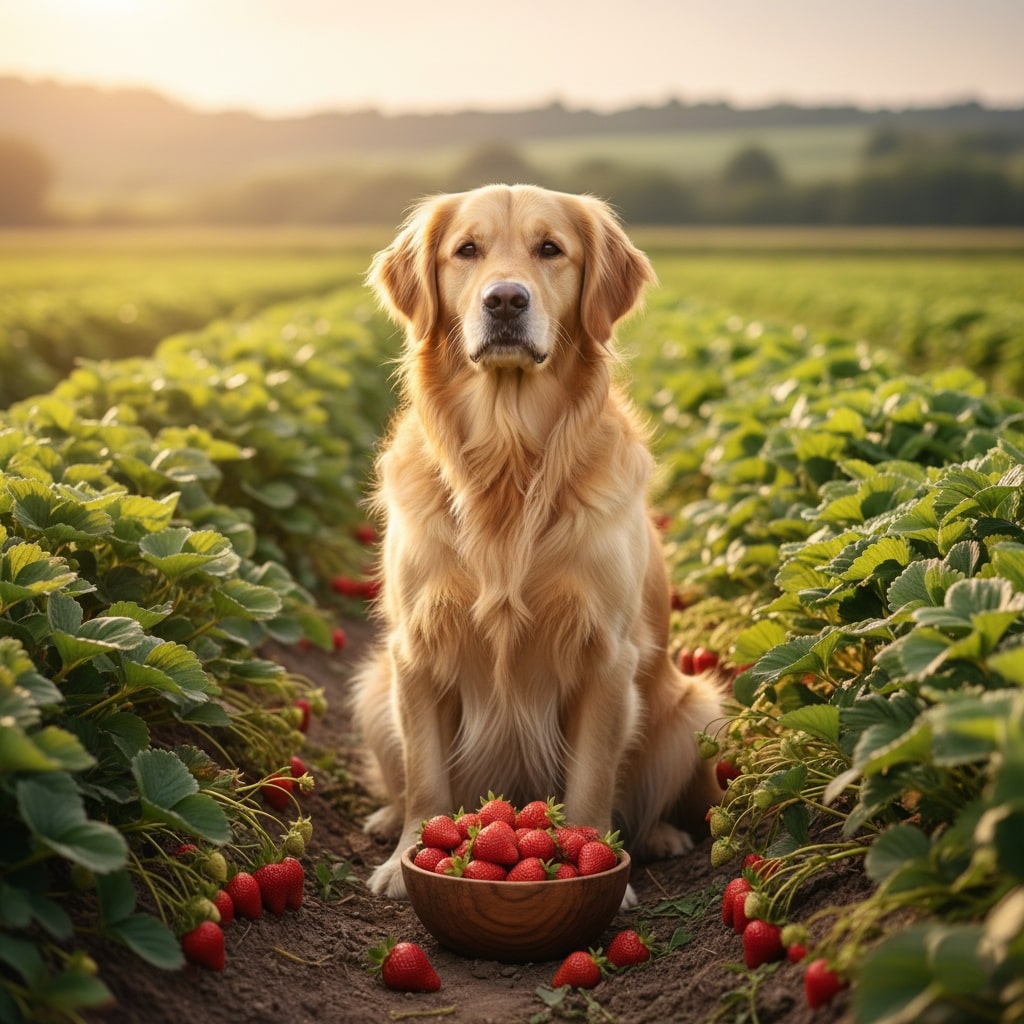 A dog is sitting in a Strawberries field, with Strawberries placed in front of him