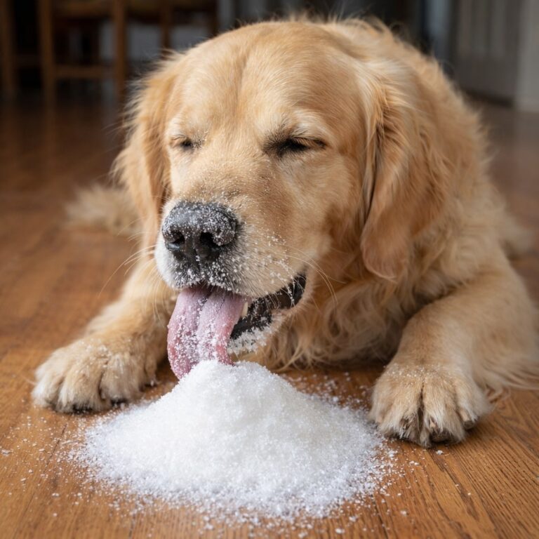 A Golden Retriever sitting on a wooden floor and eating sugar