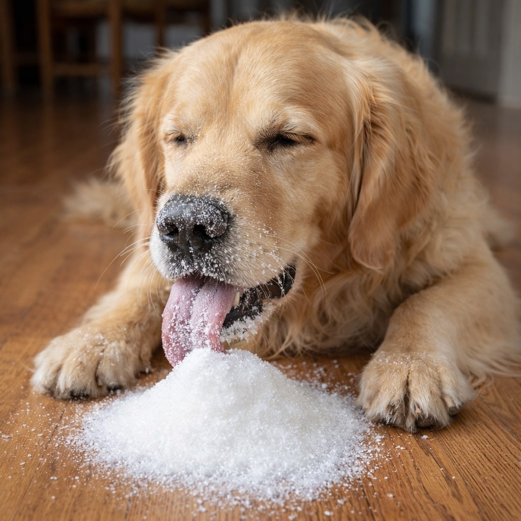 A Golden Retriever sitting on a wooden floor and eating sugar
