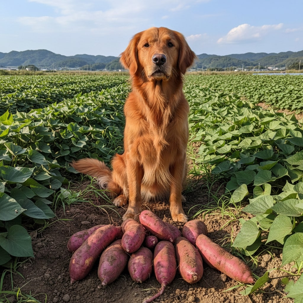A dog is sitting in a sweet potato field, with sweet potatoes placed in front of him
