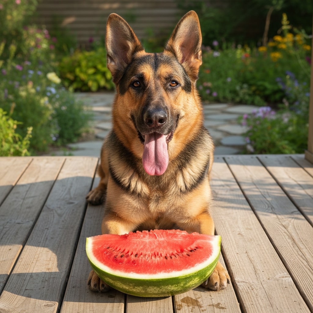A German Shepherd sitting on a wooden porch with its tongue out behind a Watermelon