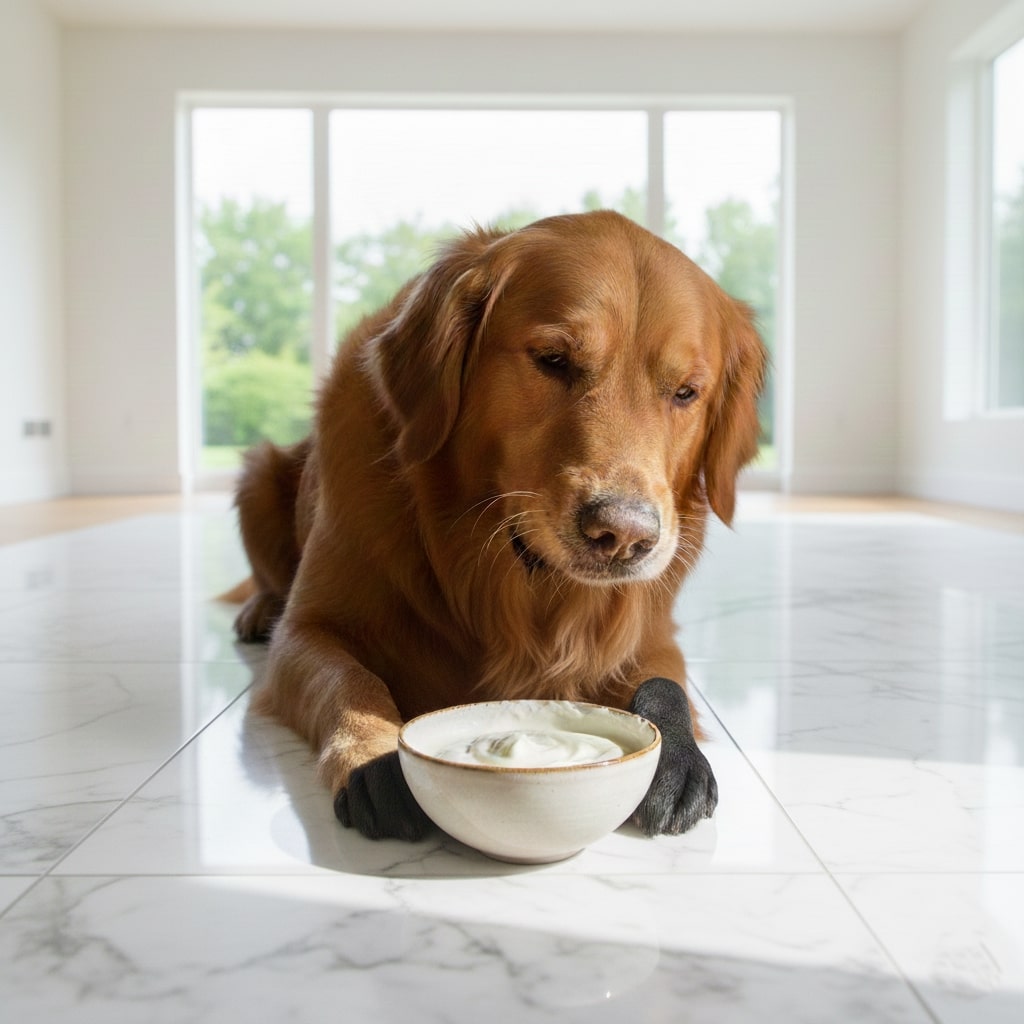 A dog sitting on luxury floor and a bowl of yogurt placed in front of him