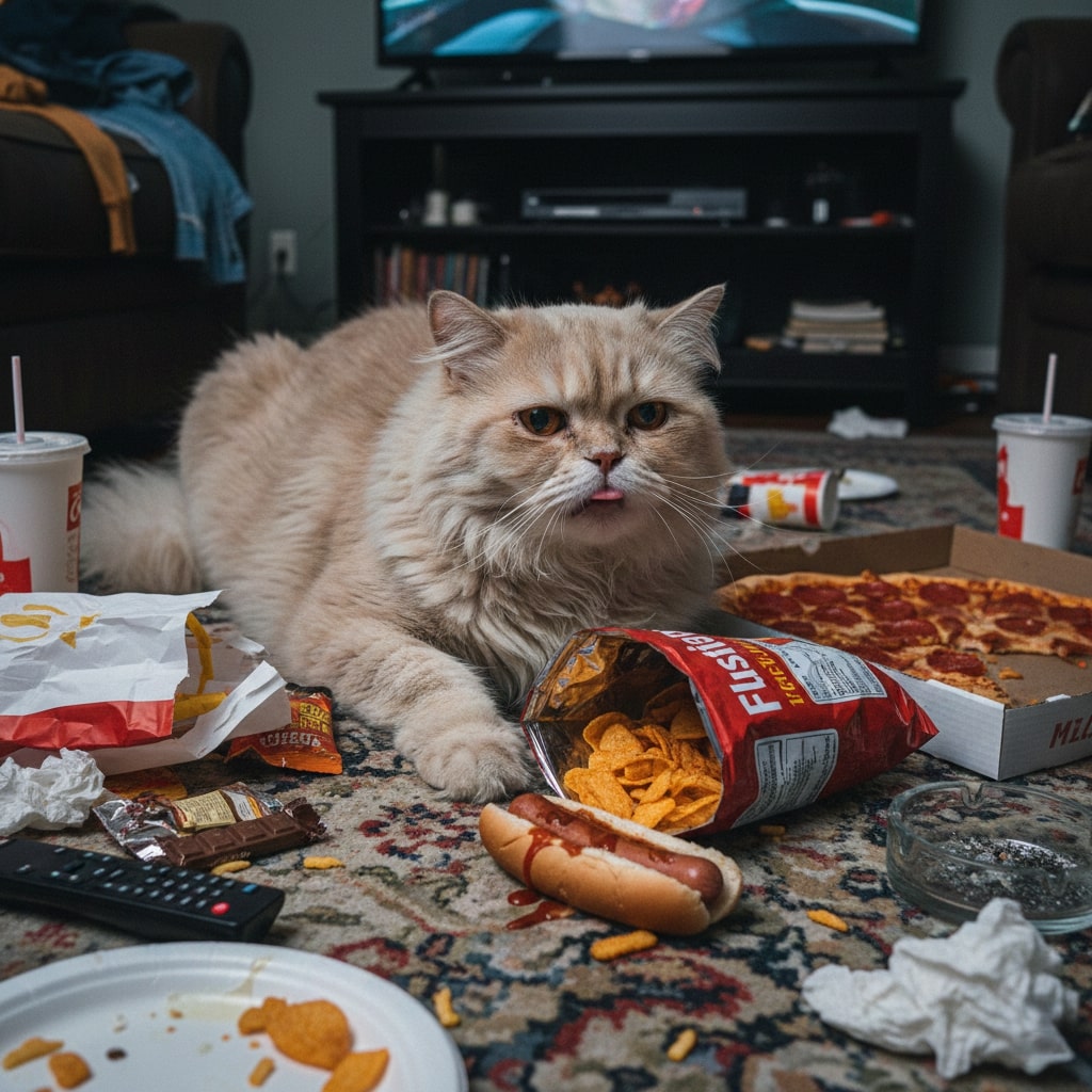 an unhealthy persian cat sitting on floor exhausted and nearby human junk food is spreaded like snacks, fast foods etc