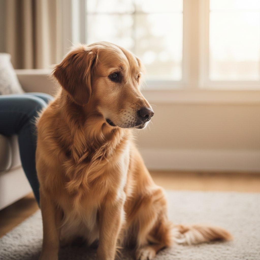A dog sitting on floor and locking to right site