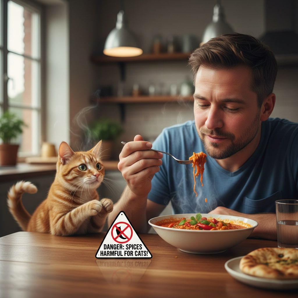 a man eating spicy food, and a cat nearby is begging for this food