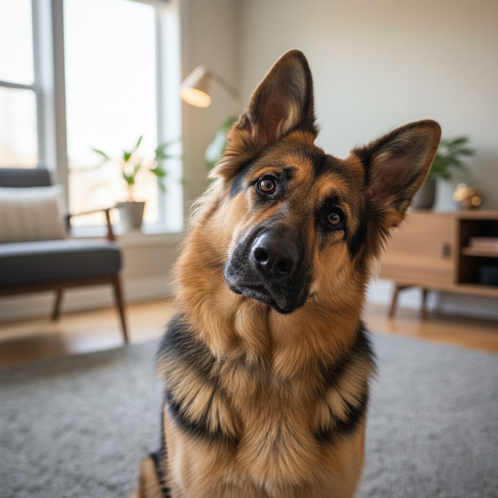 A dog sitting on floor and tilting him head
