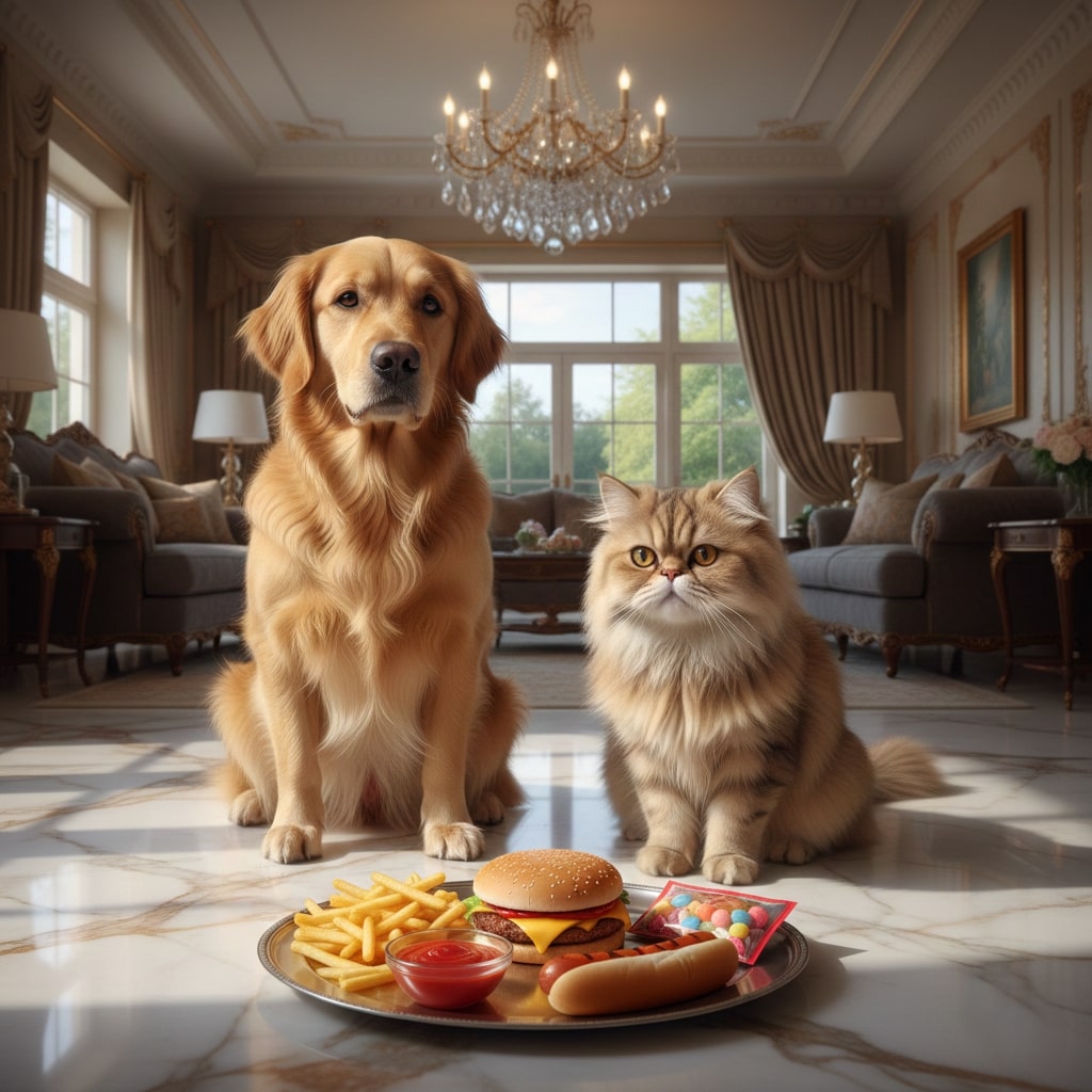 an image of a dog and cat sitting together on a luxury floor, and human processed food is placed before them